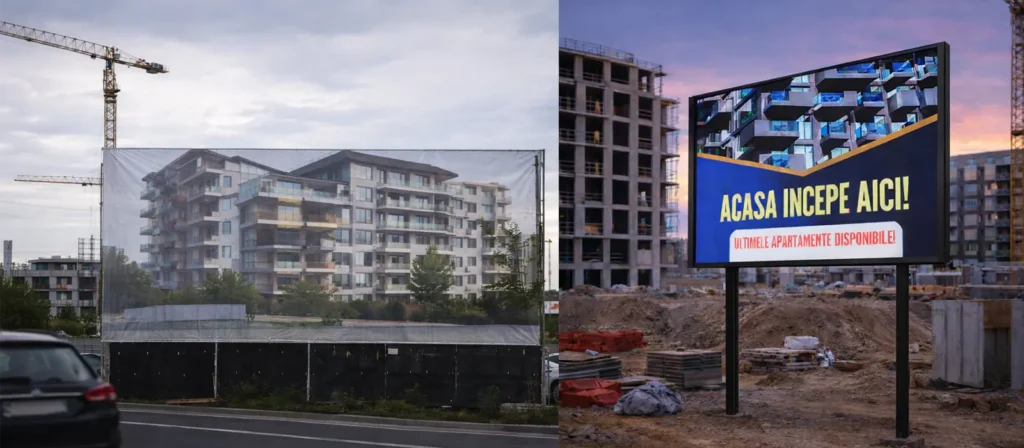 comparatie panou static vs ecran led exterior pentru dezvoltatori imobiliari