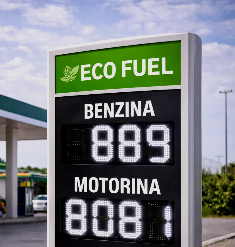 Totem modern premium pentru benzinarie cu afisaj LED de preturi si vizibilitate buna din trafic